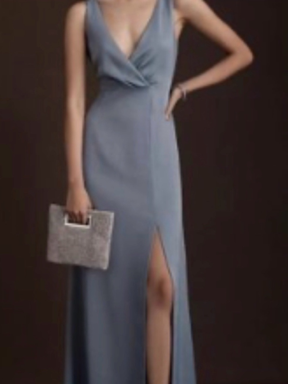 BHLDN Dusty Blue Piper Vneck‎ Side Slit Pleated Satin Gown Sz 2